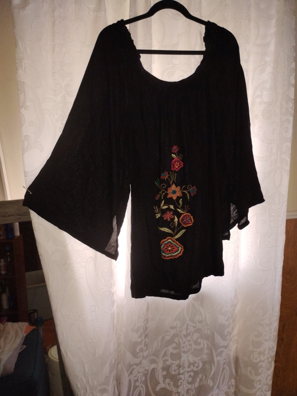 Black Embroidered Peasant Top - Women's Boho Blouse